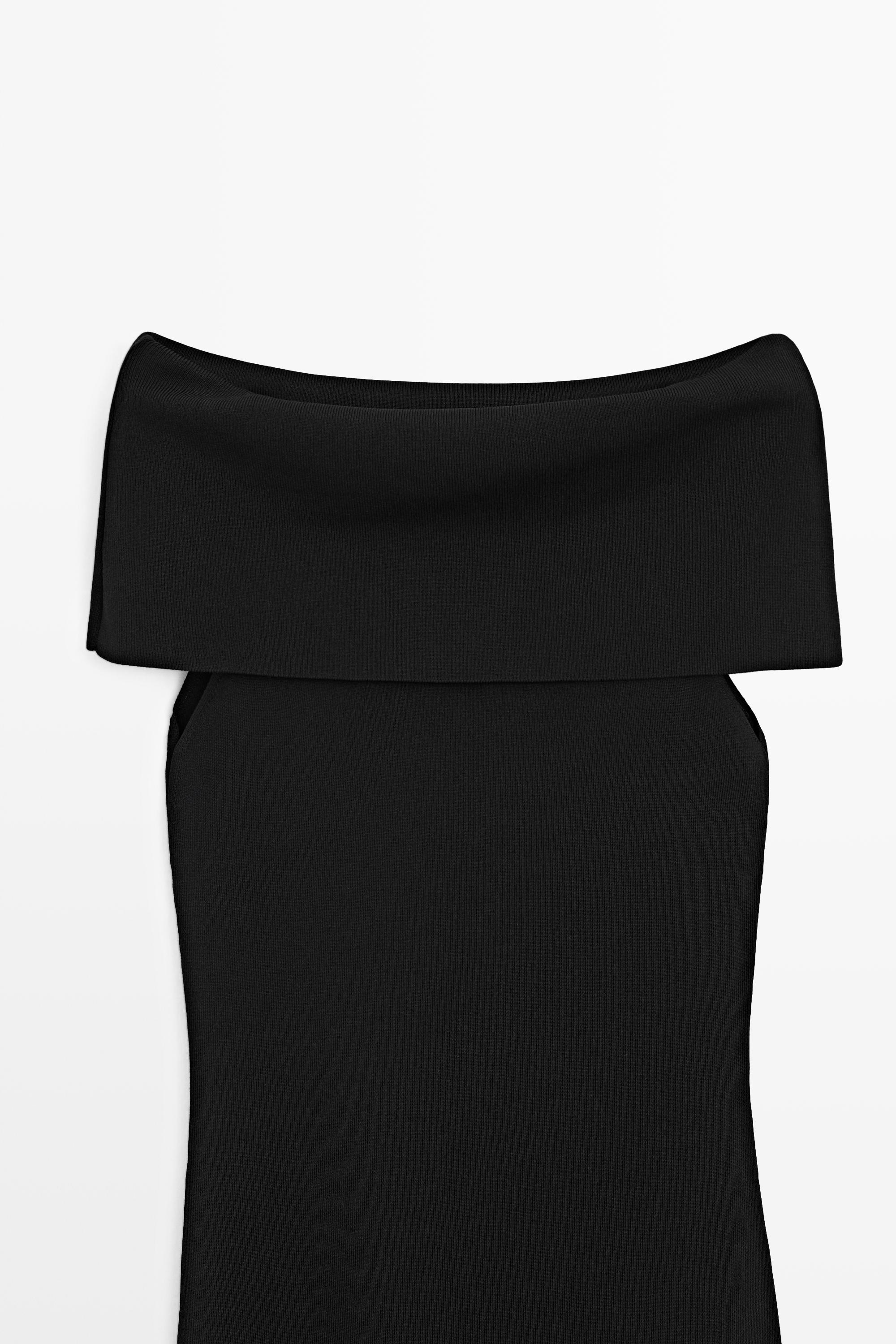 Knit midi dress with exposed shoulders